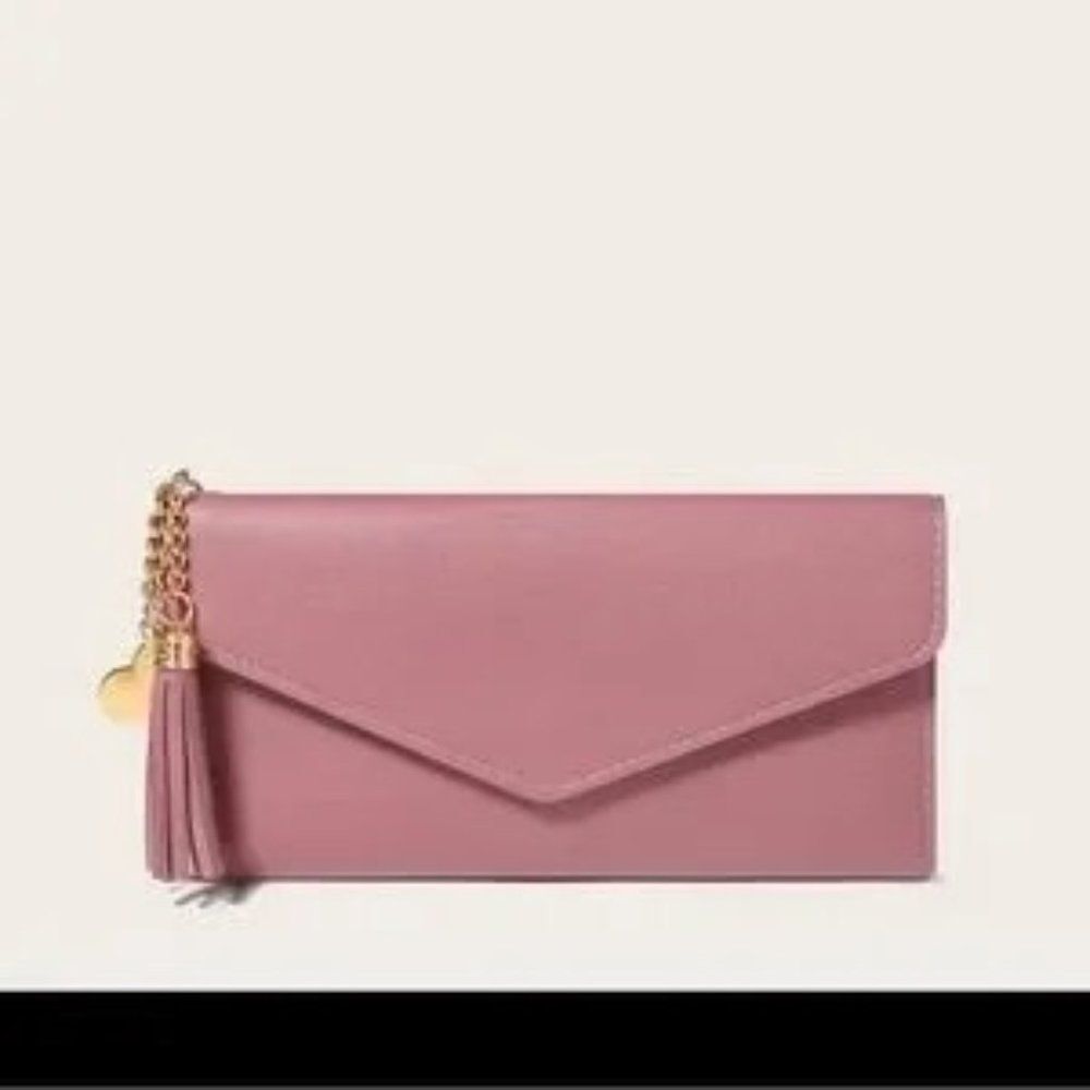 Barbie Pink Wallet with Gold Heart and Fringe Tassel and Envelope Snap Closure